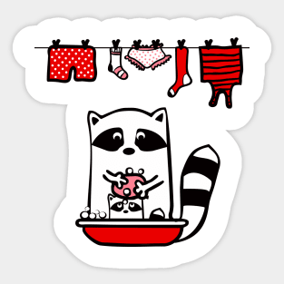 Raccoon rinser. A large raccoon bathes a small raccoon, lathers it. Sticker